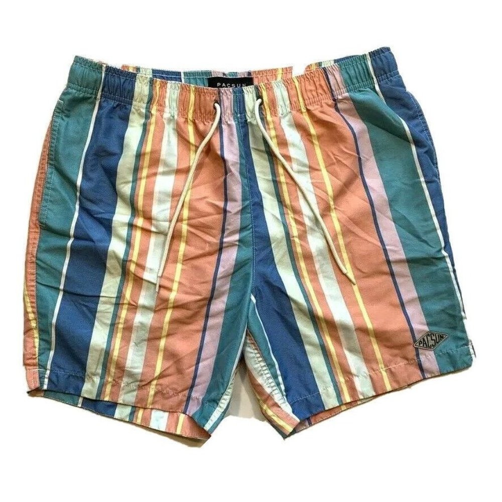 Pacsun Swim Trunks Board Shorts Mens Large Built In Brief Striped Beach NEW